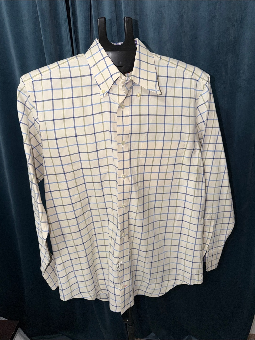 Men's White Dress Shirt with Blue Windowpane Check